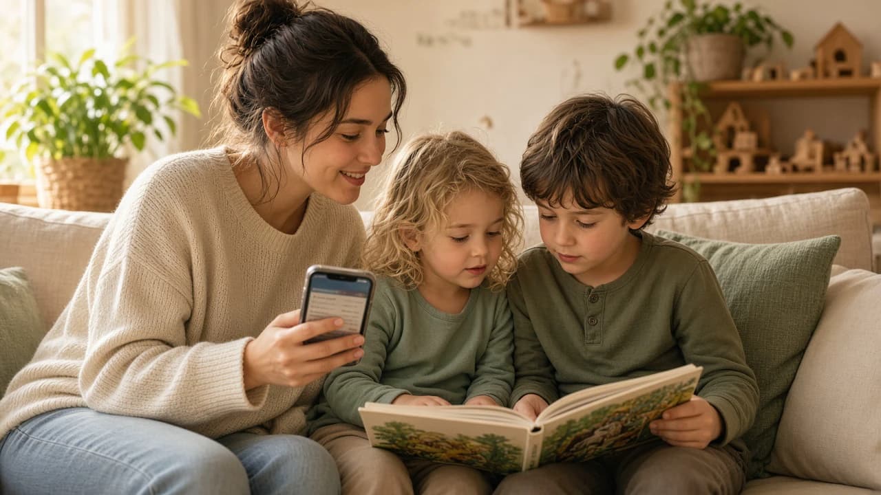 Au pair sitting with two young children on a sofa while checking a weekly schedule on a phone.